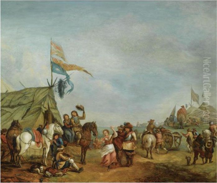 A Military Encampment, With 
Soldiers And Women Dancing And Making Music Before A Sutler's Tent Oil Painting by Pieter Wouwermans or Wouwerman