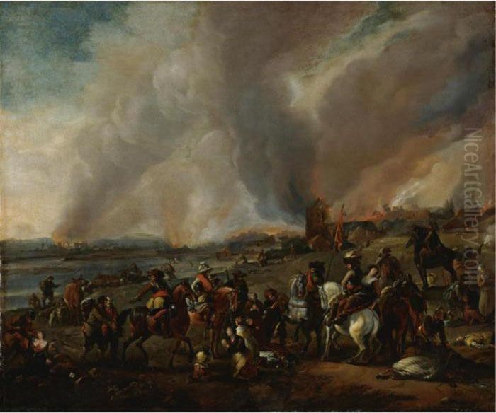 The Sack Of A Village Oil Painting by Pieter Wouwermans or Wouwerman