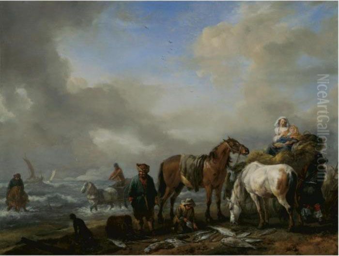 Fishermen On A Beach With Their 
Catch [engraved Charles Emmanuel Patas (1744-1802), La Chasse Maree 
Almande.] Oil Painting by Pieter Wouwermans or Wouwerman
