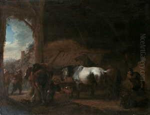 Ein Kleiner Pferdestall.

 Monogrammiert Unten Rechts: Phw.

 Ol Auf Holz. H 27; B 35 Oil Painting by Pieter Wouwermans or Wouwerman