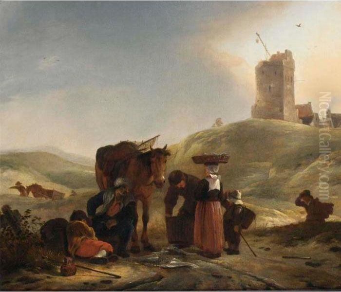 A Dune Landscape With 
Fishmongers Selling Their Ware An Dtravellers On A Path, A Light House 
Beyond Oil Painting by Pieter Wouwermans or Wouwerman