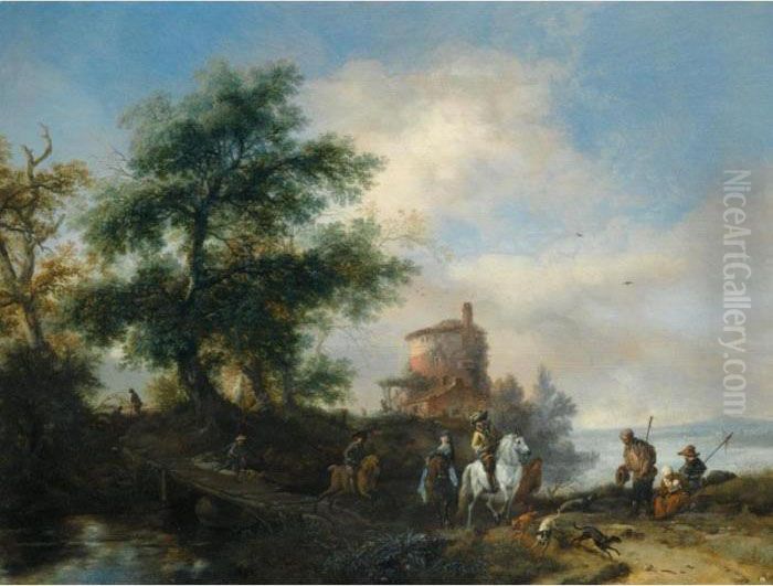 River Landscape With A Gentleman
 And Lady Riding To The Chase With A Pilgrim 
Asking For Alms In The Foreground Other Members 
Of The Hunting Party Crossing A Wooden Bridge A 
Tower Be Oil Painting by Pieter Wouwermans or Wouwerman