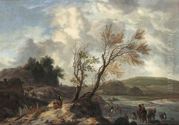 Dune Landscape With Travellers 
On A Path Horsemen And A Horse-drawn Wagon 
Fording A Stream Together With Figures Bathing 
In The Background Oil Painting by Pieter Wouwermans or Wouwerman