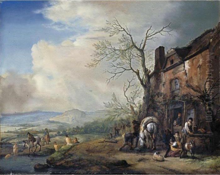 Landscape With Peasants By A 
Cottage, A Pack-horse Being Fed, And Bathers By A Stream Beyond Oil Painting by Pieter Wouwermans or Wouwerman