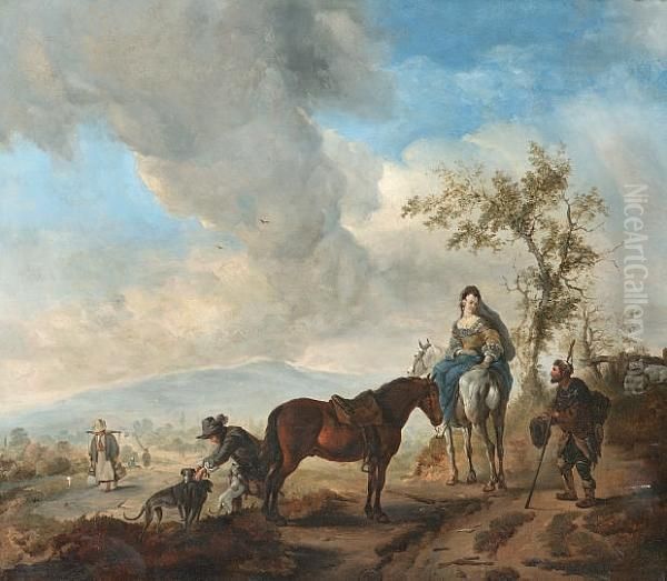 A Beggar Approaching A Lady On Horseback Oil Painting by Pieter Wouwermans or Wouwerman