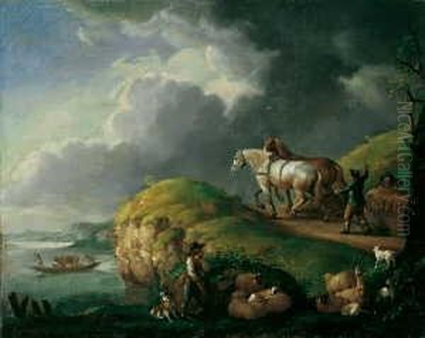 Nachfolge Flusslandschaft Mit 
Pferdegespann. Ol Auf Leinwand . H 41; B 51 Cm. Provenienz: Aus 
Rheinischem Adelsbesitz. Frau M. De Kinkelder Vom Rkd, Den Haag, 
Beurteilt Das Gemalde Als Ein Moglicherwe Oil Painting by Pieter Wouwermans or Wouwerman
