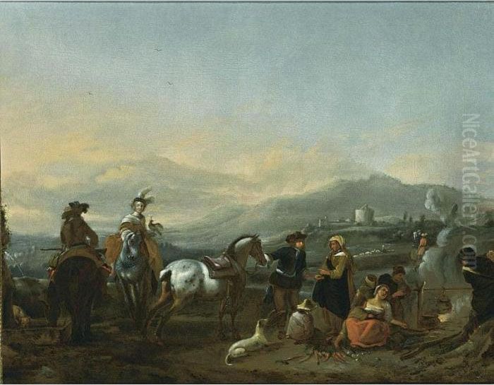 A Landscape With Huntsmen After 
The Hunt Near A Wood Fire With Gypsies Holding Cooking Pots, Together 
With Dogs And Children Oil Painting by Pieter Wouwermans or Wouwerman