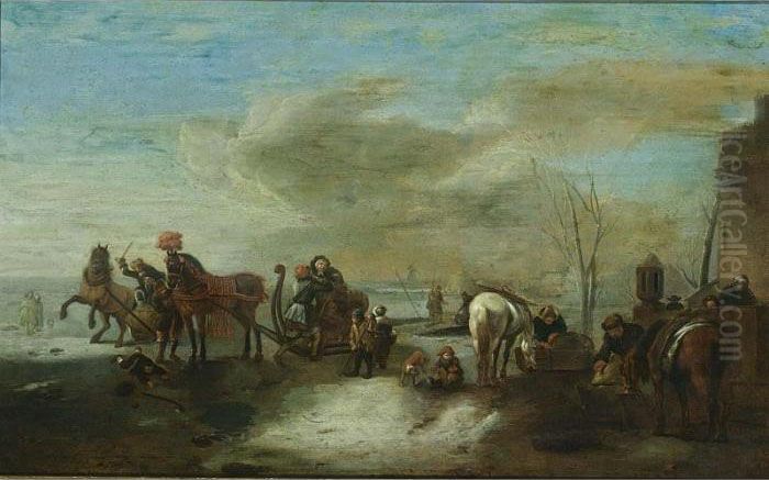 A Winter Scene With Two 
Horse-drawn Sleighs On A Frozen River With Two Horses Resting And 
Children Playing Near A House Oil Painting by Pieter Wouwermans or Wouwerman