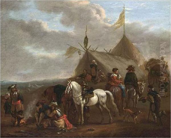 An Army Encampment With Soldiers
 Near A Fire, Horses, A Beggar, Travellers, And A Family Outside Tents Oil Painting by Pieter Wouwermans or Wouwerman