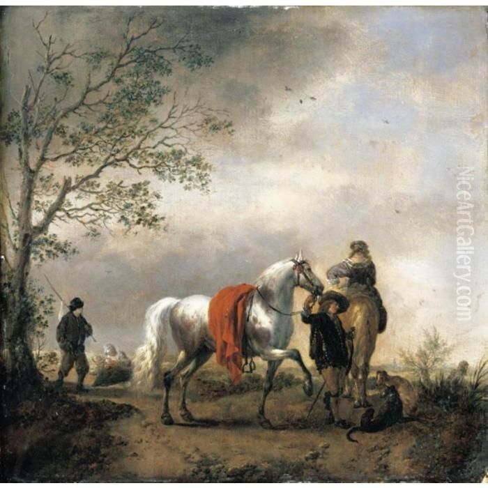 A Cavalier Holding A Dappled 
Grey Horse Together With A Mounted Lady, Dogs And Other Figures In A 
Landscape Oil Painting by Pieter Wouwermans or Wouwerman