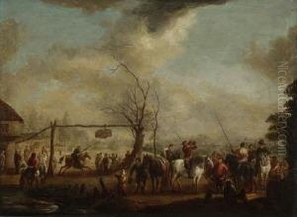 Reiterspiel Auf Einem
 Dorfplatz. Oil Painting by Pieter Wouwermans or Wouwerman