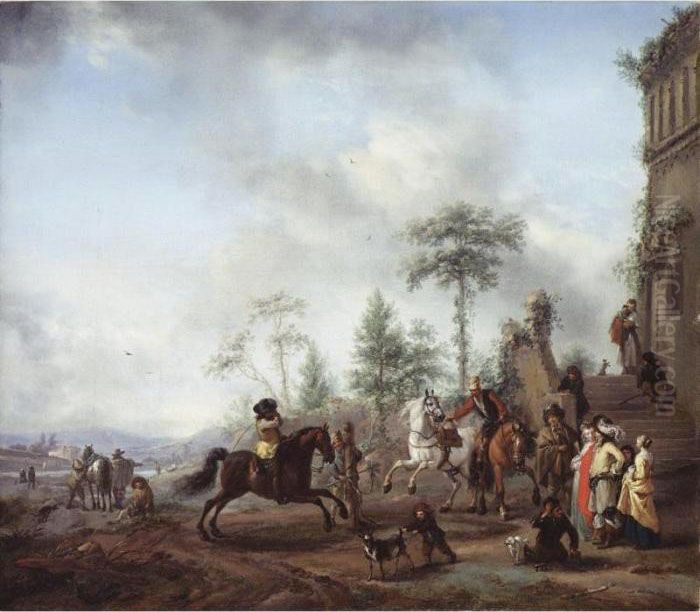 An Italianate Landscape With A 
Young Man In A Yellow Coat Riding On A Bay, Watched By An Elegant 
Couple, A Groom With Two Young Horses And Other Figures Oil Painting by Pieter Wouwermans or Wouwerman