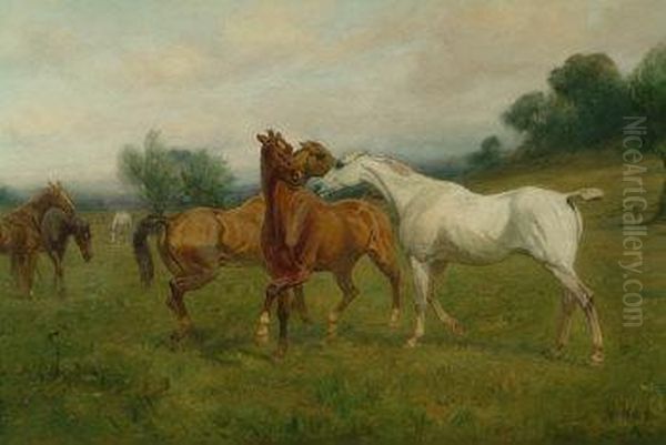 Spring Fever, Equestrian Study 
Of Grey, Chestnut And Bay Stallions And Other Horses In A Meadow Oil Painting by George Wright