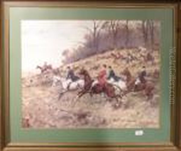 Huntsmen And Huntswomen Hounds Galloping Down A Hill From A
 Wood. Oil Painting by George Wright