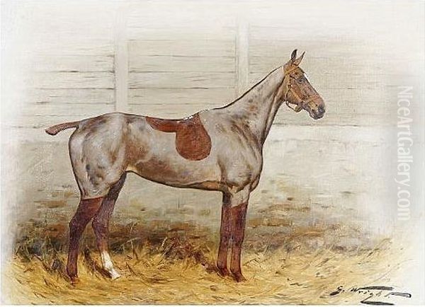 A Clipped Chestnut Hunter Mare 
In A Loose Box, And Another, A Clipped Chestnut Gelding In A Loose Box, A
 Pair Oil Painting by George Wright