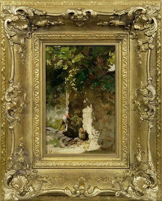 Landschaftsstudie Mitknabem An Einem Alten Brunnen Oil Painting by Carl Wuttke