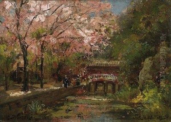 Japan Cherry Blossom. Signed 
Lower Left: C. Wuttke As Well As Noted And Dated Below Right: Tokio 25. 
Mai 98 Oil Painting by Carl Wuttke