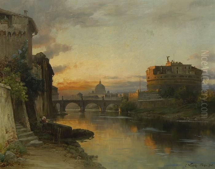 Rom - Blick Uber Den Tiber Auf
 Engelsburg Und Petersdom. Oil Painting by Carl Wuttke