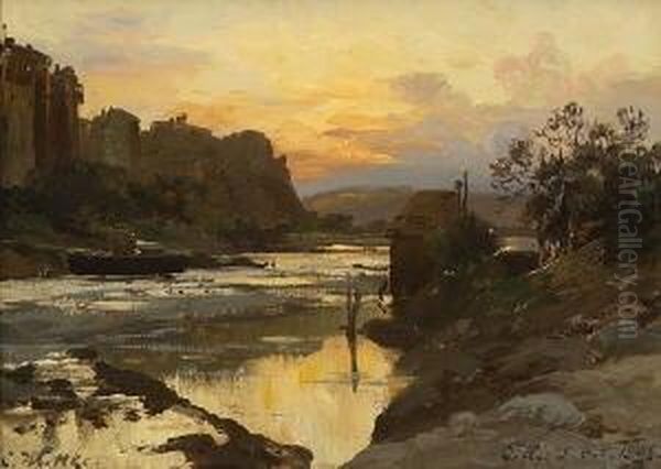 Abendstimmung Am Flussufer Bei
 Tiflis. Oil Painting by Carl Wuttke