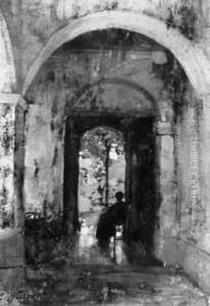 Im Vorraum Einer Kirche. Oil Painting by Carl Wuttke