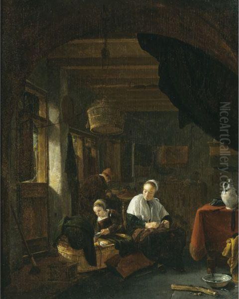A Family In An Interior, With A 
Young Girl Feeding A Child In Acradle, A Woman Seated Nearby Oil Painting by Thomas Wyck