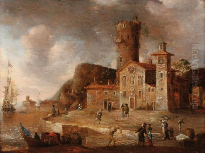 An Italian Harbourwith Tradesmen
 And A Dutch Merchant Man In Full Sail. At The Righta Trading House And 
The Tower Of A Castle Oil Painting by Thomas Wyck