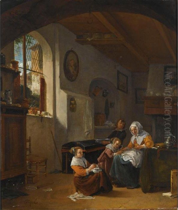 An Interior With A Mother 
Teaching A Girl To Write, A Young Boy Carrying A Bowl, And Another Girl 
Embroidering In The Foreground Oil Painting by Thomas Wyck