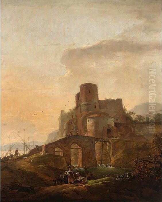 An Italianate Landscape With A 
Bridge And A Harbour Beyond, Some Herdsmen To The Foreground Oil Painting by Thomas Wyck