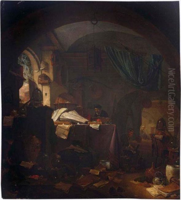 An Alchemist In His Study With 
His Pupil, A Still Life Of Pots, Pans And Books In The Foreground And A 
Servant Woman In The Background Oil Painting by Thomas Wyck
