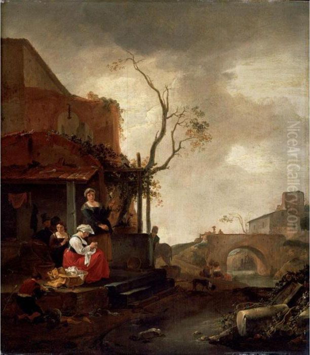 Village Scene With Women Sewing 
And A Boy Peeling Vegetables At The Entrance To A
 Cottage Drovers Crossing A Bridge Beyond Oil Painting by Thomas Wyck