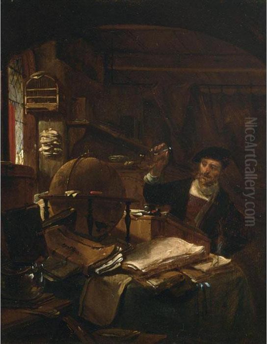 An Alchemist In His Study With A Globe And Paperwork On A Table Oil Painting by Thomas Wyck