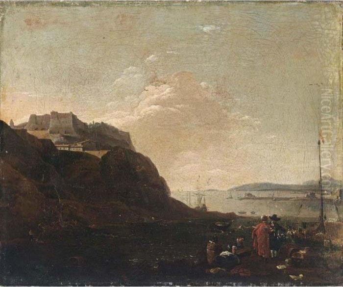 A Southern Harbour Scene With 
Workmen Unloading And Two Figures Conversing, A Fortified Castle Beyond Oil Painting by Thomas Wyck