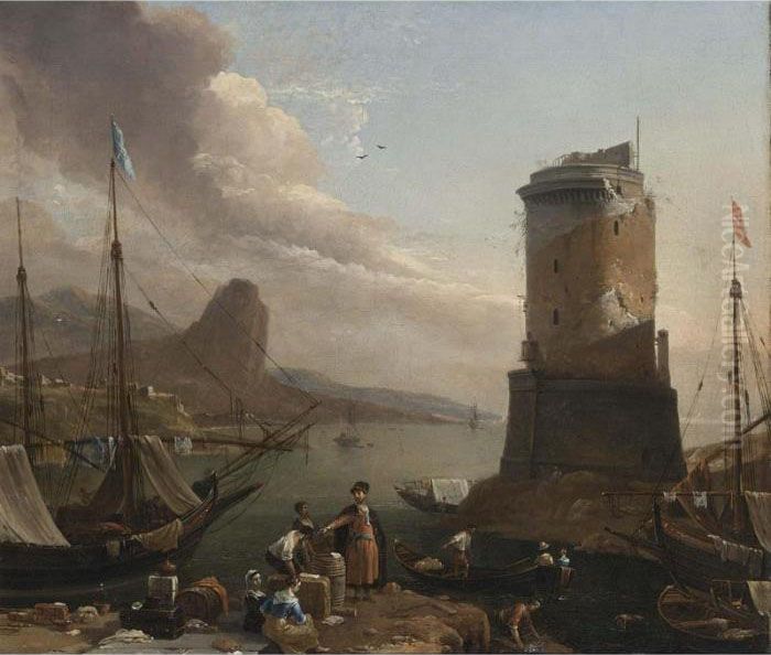 A View Of A Mediterranean Port 
With Ships Moored, Street Vendors On The Quay, And Fishermen Near A 
Watch Tower Oil Painting by Thomas Wyck