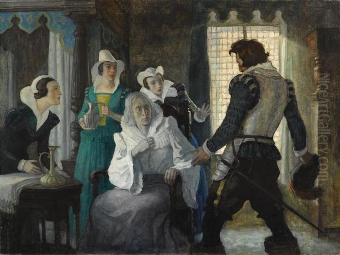 And There, Quite Close To Him 
Was Elizabeth Among Her Ladies, In Adressing Gown, Unpainted, Without 
Her Wig, Her Grey Hair Hanging Inwisps About Her Face, And Her Eyes 
Starting From Her Head. Oil Painting by Newell Convers Wyeth