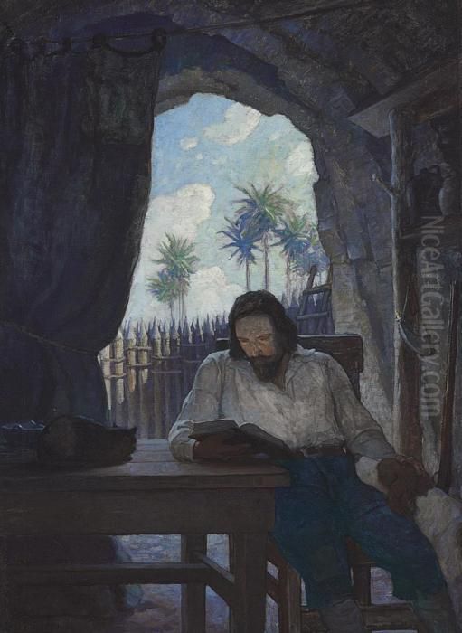 --in The Morning I Took The 
Bible; And Beginning At The New Testament, I Began Seriously To Read 
It-- Oil Painting by Newell Convers Wyeth