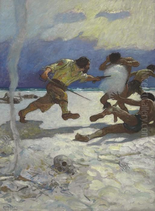 --and No Sooner Had He The Arms 
In His Hands But, As If They Had Put New Vigor Into Him, He Flew Upon 
His Murderers Like A Fury-- Oil Painting by Newell Convers Wyeth