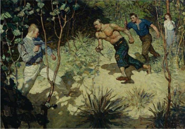 Prince Lermontor Fired At Peter 
Smith; Kilmair, Directly Behind, Could Not Use His Revolver. Elfrida 
Carlingford Sprang Up, But Realized Her Powerlessness To Help. Oil Painting by Newell Convers Wyeth