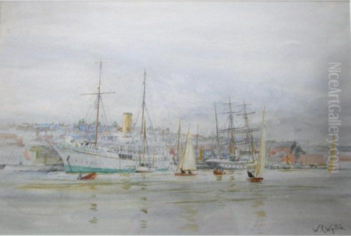 The Medina River At Cowes With The Steam Yacht Liberty And The Tall Ship Fantome Oil Painting by William Lionel Wyllie