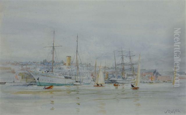 The Medina River At Cowes In The 1920's With The Steam Yacht
'liberty' And Tall Ship 'fantome' Docked At The Harbour Oil Painting by William Lionel Wyllie