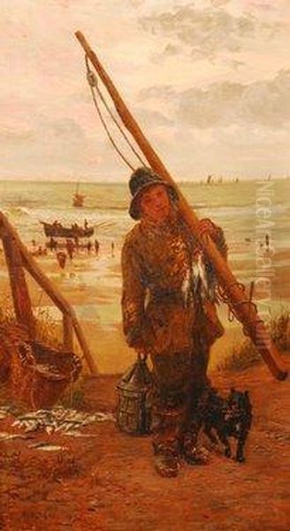 Study Of A Fisherboy Carrying A 
Spar Across His Shoulder And Lamp In His Hand And With A Terrier Dog At 
His Heels, 
With Figures Upon The Shoreline And A Boat Beached To The Distance Oil Painting by William Lionel Wyllie