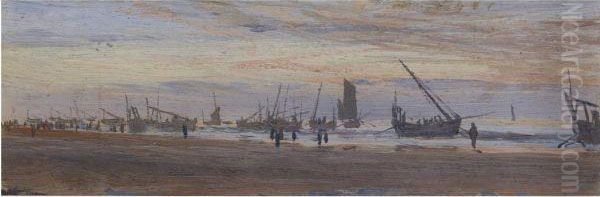 Cloud Studies Over The Estuary 
At Low Tide; And Shipping Mooredalong The Coast At Low Tide Oil Painting by William Lionel Wyllie
