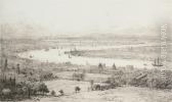View Of The Thames, The Queen's 
House And Royal Naval Hospital, Greenwich (illustrated); And London 
Bridge With St. Paul's Cathedral Beyond Oil Painting by William Lionel Wyllie