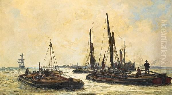 Barges Working Their Way Up The Estuary At Twilight, Heading For London Docks Oil Painting by William Lionel Wyllie