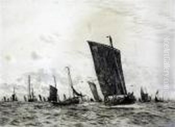 Fishing Boats At Sea Oil Painting by William Lionel Wyllie