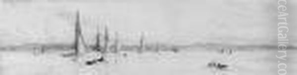 Yachts Racing In Light Airs In 
The Solent (illustrated); And Asubmarine And Other Shipping At Gosport Oil Painting by William Lionel Wyllie