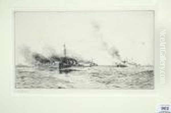 R.a., R.b.a., R.i., R.e., 
N.e.a.c. First World War Destroyers In An Open Sea Signed Artist's 
Proof, Black And White Drypoint Etching, 17.5cm By 30.5cm Oil Painting by William Lionel Wyllie
