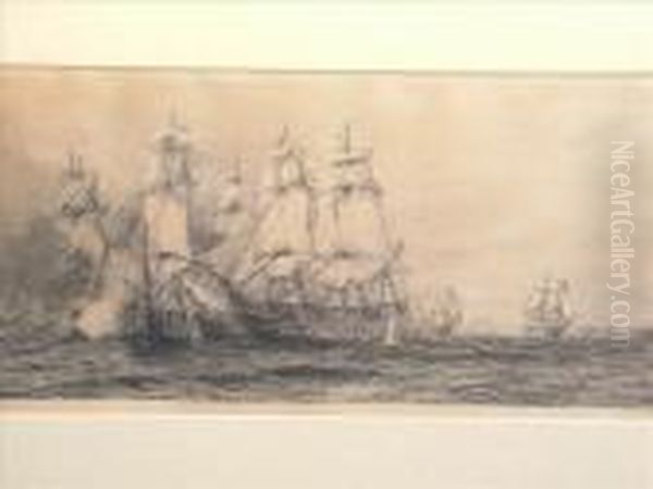 Victory,redoubtable, Temeraire 
And Fougeux Locked Together During Thebattle Of Trafalgar: Panorma At 
Portsmouth Oil Painting by William Lionel Wyllie