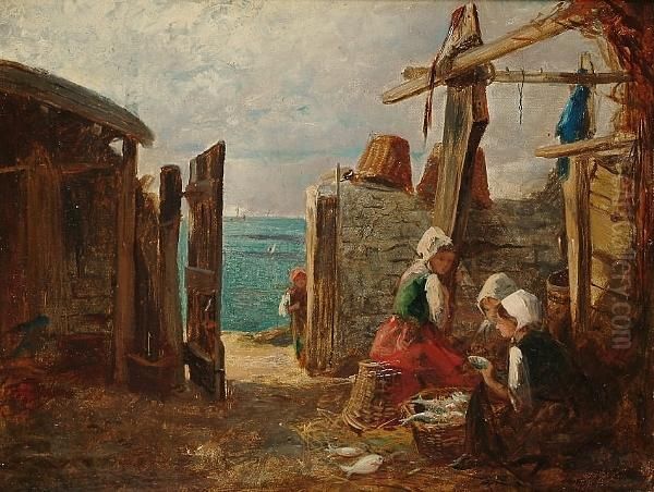 Fishergirls Sorting The Day````s
 Catch, The Coast Beyond, Thought To Be A View In Guernsey Oil Painting by William Lionel Wyllie