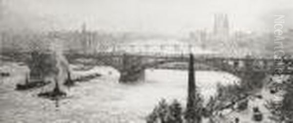 View From Waterloo Bridge With 
Cleopatra's Needle In The Foreground And Westminister In The Distance Oil Painting by William Lionel Wyllie
