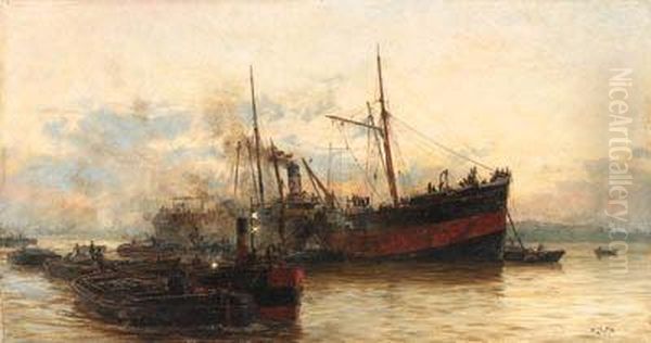 A Steamship In A Harbor With A Tugboat And Barges
Oil On Canvas Oil Painting by William Lionel Wyllie